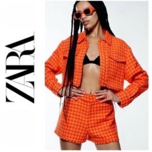 Zara 2-PC Orange Houndstooth Textured Shorts/Jacket Sz Large Blogger Favorite